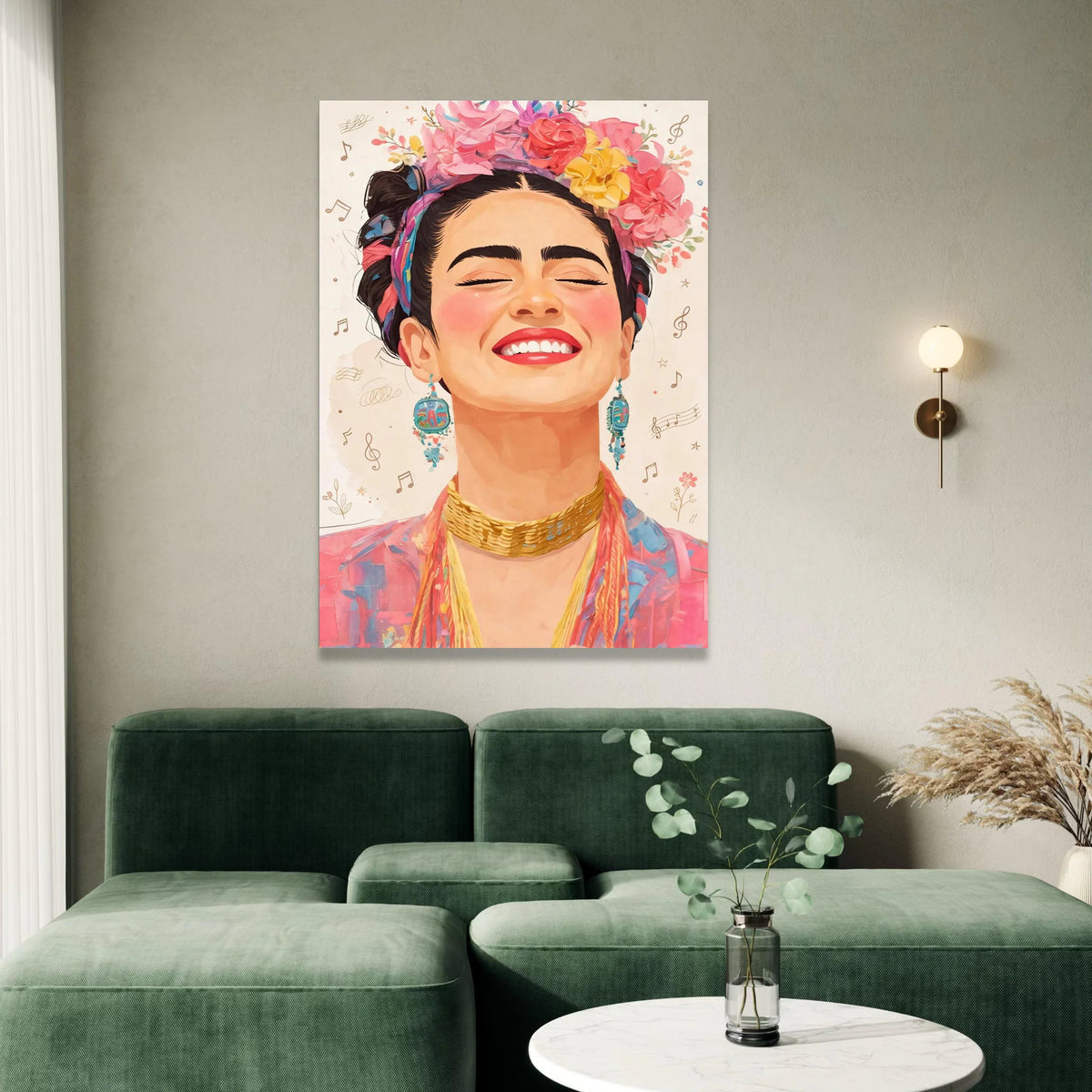 Vibrant Smiling Woman Portrait Canvas, Floral Crown Wall Art, Colorful Boho Chic Face Canvas, Joyful Expression Decorative Canvas Print Art
