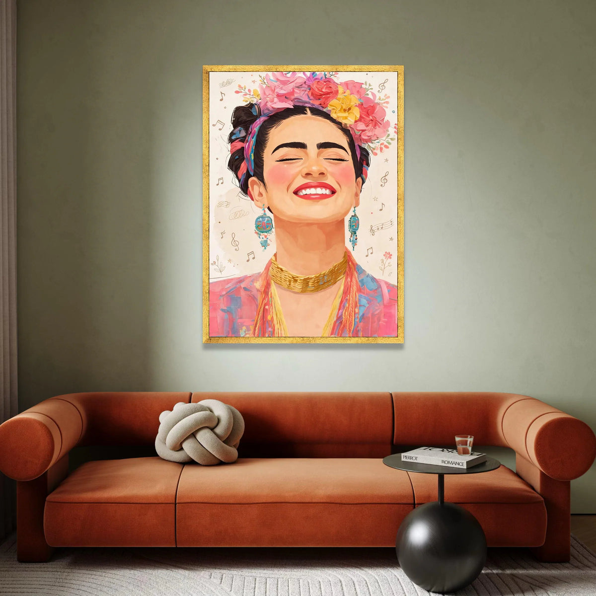 Vibrant Smiling Woman Portrait Canvas, Floral Crown Wall Art, Colorful Boho Chic Face Canvas, Joyful Expression Decorative Canvas Print Art