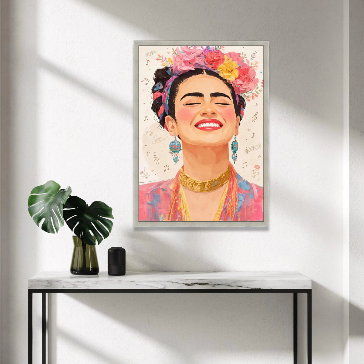Vibrant Smiling Woman Portrait Canvas, Floral Crown Wall Art, Colorful Boho Chic Face Canvas, Joyful Expression Decorative Canvas Print Art
