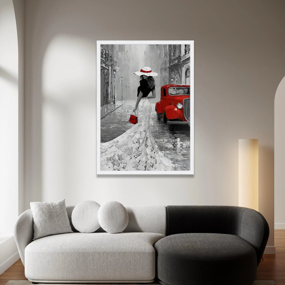 Elegant Lady White Dress with Red Accessories, Vintage Car Canvas, Retro Cityscape Wall Art, Classic Fashion Scene, Home Canvas Print Art