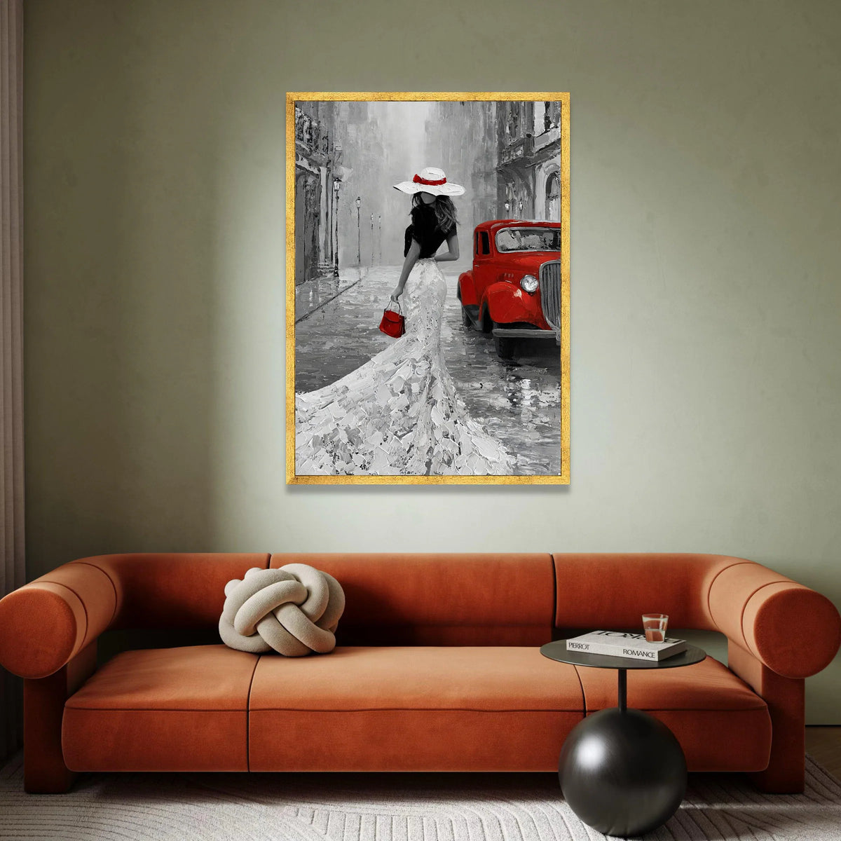 Elegant Lady White Dress with Red Accessories, Vintage Car Canvas, Retro Cityscape Wall Art, Classic Fashion Scene, Home Canvas Print Art