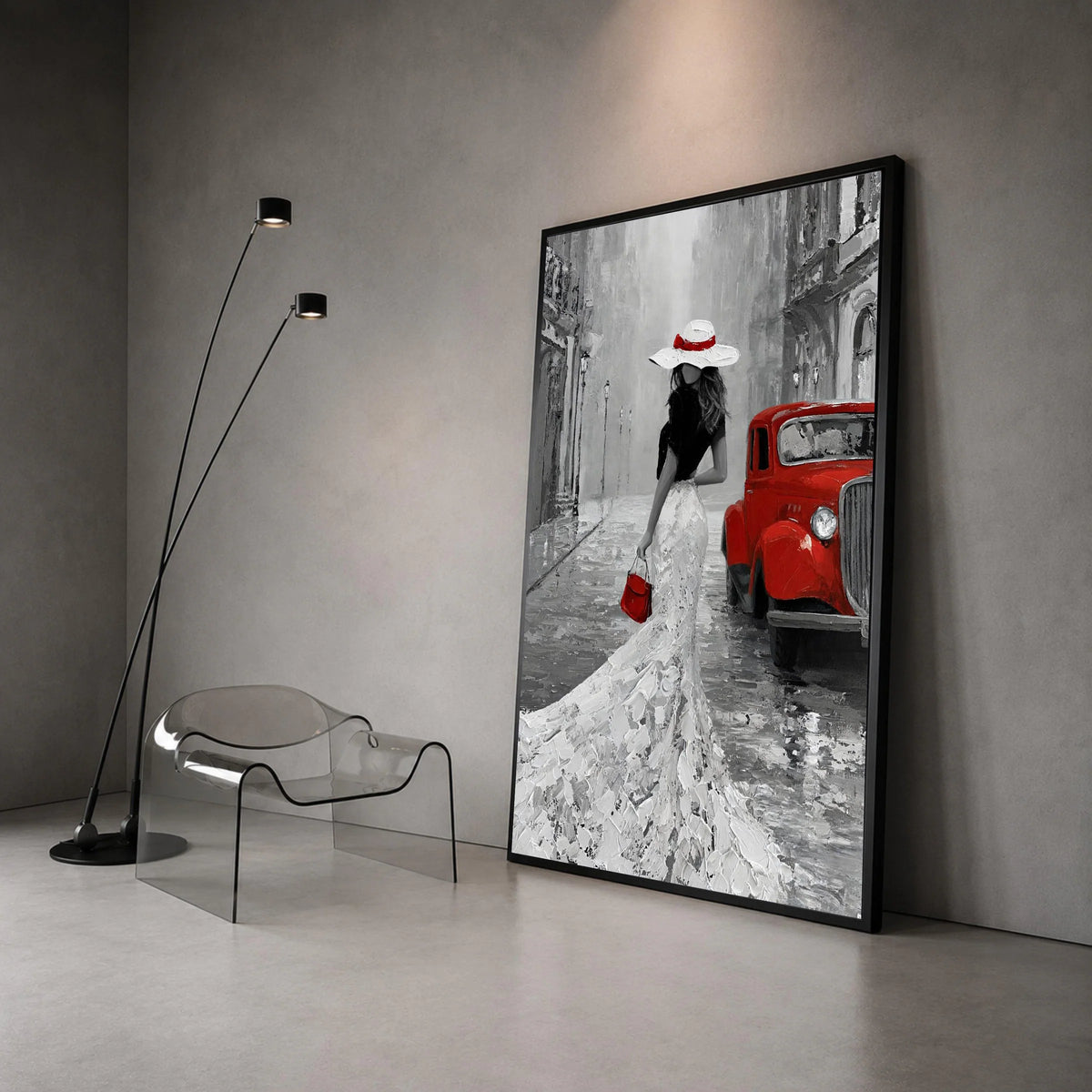 Elegant Lady White Dress with Red Accessories, Vintage Car Canvas, Retro Cityscape Wall Art, Classic Fashion Scene, Home Canvas Print Art