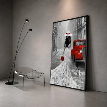 Elegant Lady White Dress with Red Accessories, Vintage Car Canvas, Retro Cityscape Wall Art, Classic Fashion Scene, Home Canvas Print Art