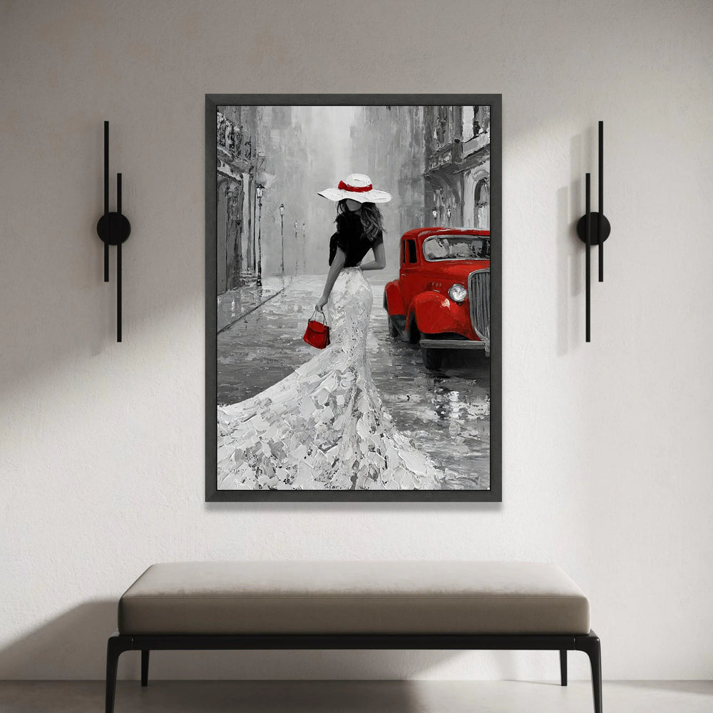 Elegant Lady White Dress with Red Accessories, Vintage Car Canvas, Retro Cityscape Wall Art, Classic Fashion Scene, Home Canvas Print Art