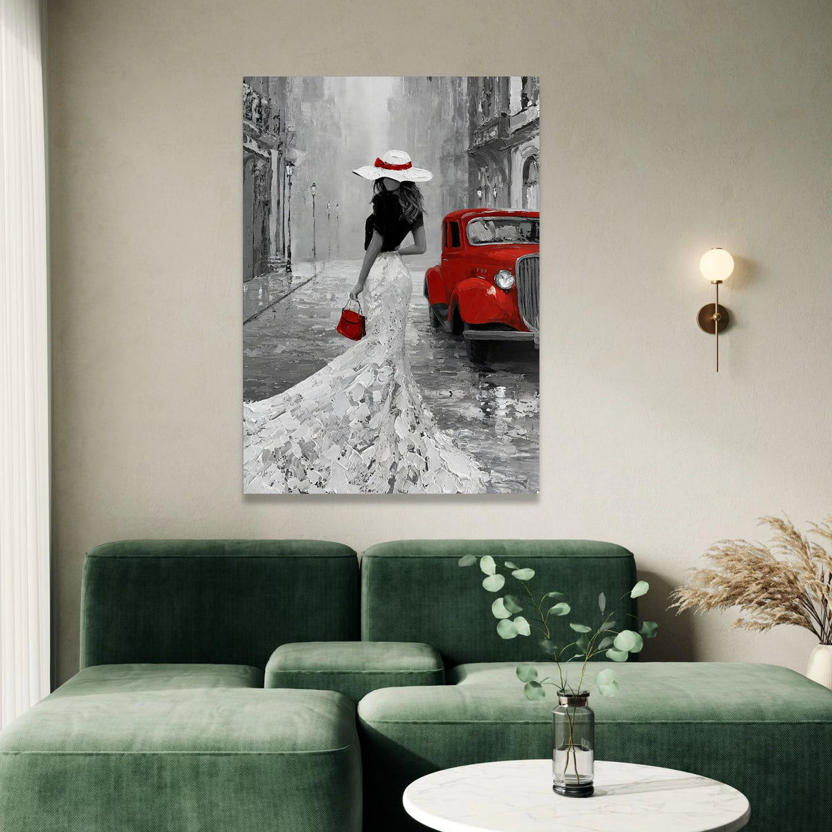 Elegant Lady White Dress with Red Accessories, Vintage Car Canvas, Retro Cityscape Wall Art, Classic Fashion Scene, Home Canvas Print Art