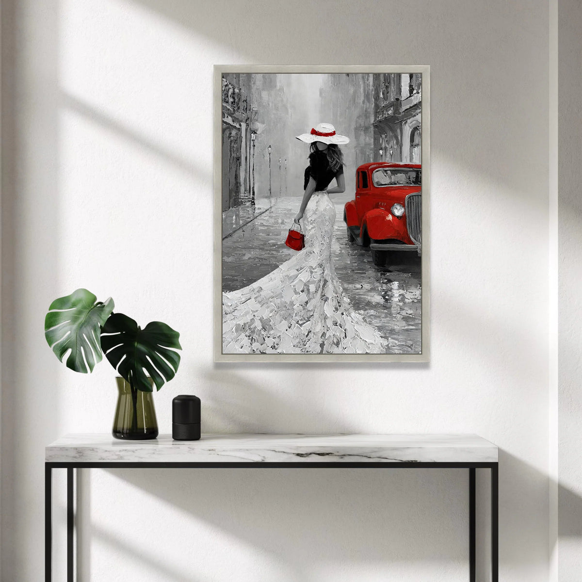 Elegant Lady White Dress with Red Accessories, Vintage Car Canvas, Retro Cityscape Wall Art, Classic Fashion Scene, Home Canvas Print Art