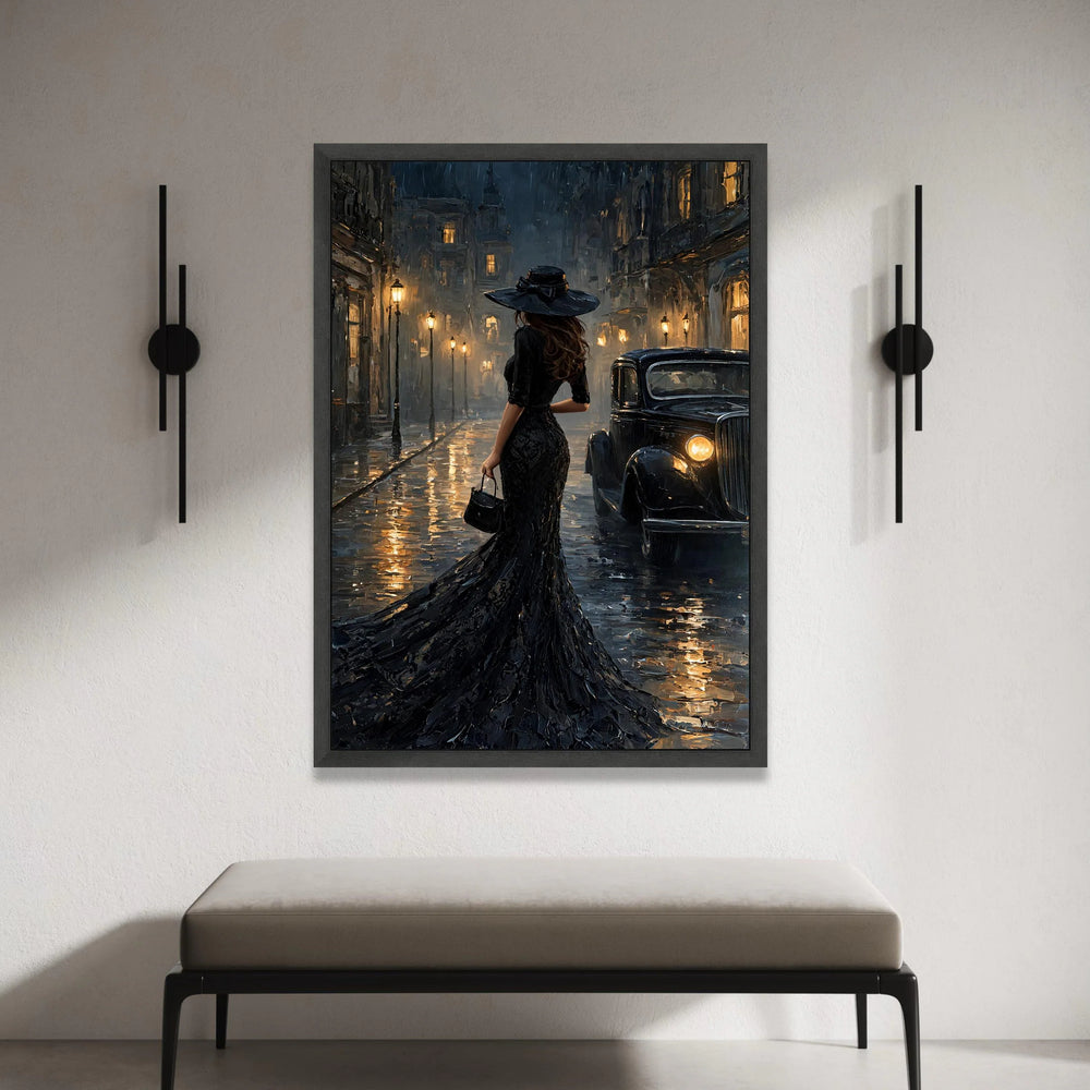 Elegant Woman Black Dress Night Scene Canvas, Vintage Car Street Art, Retro Cityscape Wall Decoration, Evening Urban Canvas Canvas Print Art