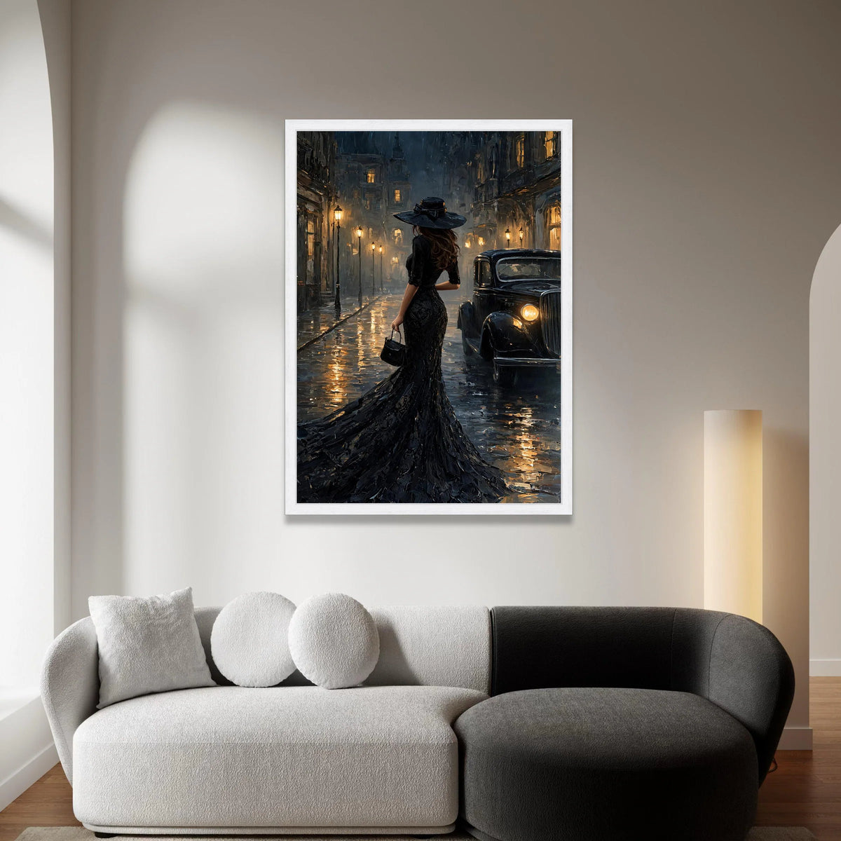 Elegant Woman Black Dress Night Scene Canvas, Vintage Car Street Art, Retro Cityscape Wall Decoration, Evening Urban Canvas Canvas Print Art