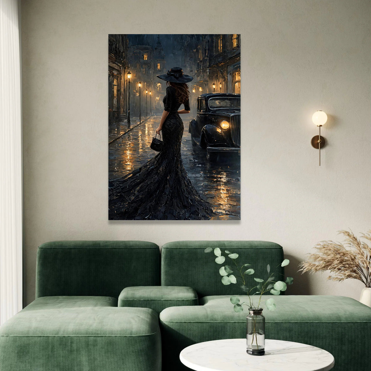 Elegant Woman Black Dress Night Scene Canvas, Vintage Car Street Art, Retro Cityscape Wall Decoration, Evening Urban Canvas Canvas Print Art