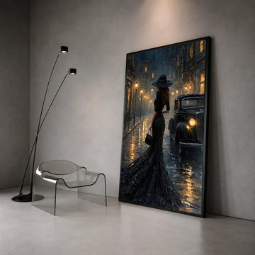 Elegant Woman Black Dress Night Scene Canvas, Vintage Car Street Art, Retro Cityscape Wall Decoration, Evening Urban Canvas Canvas Print Art