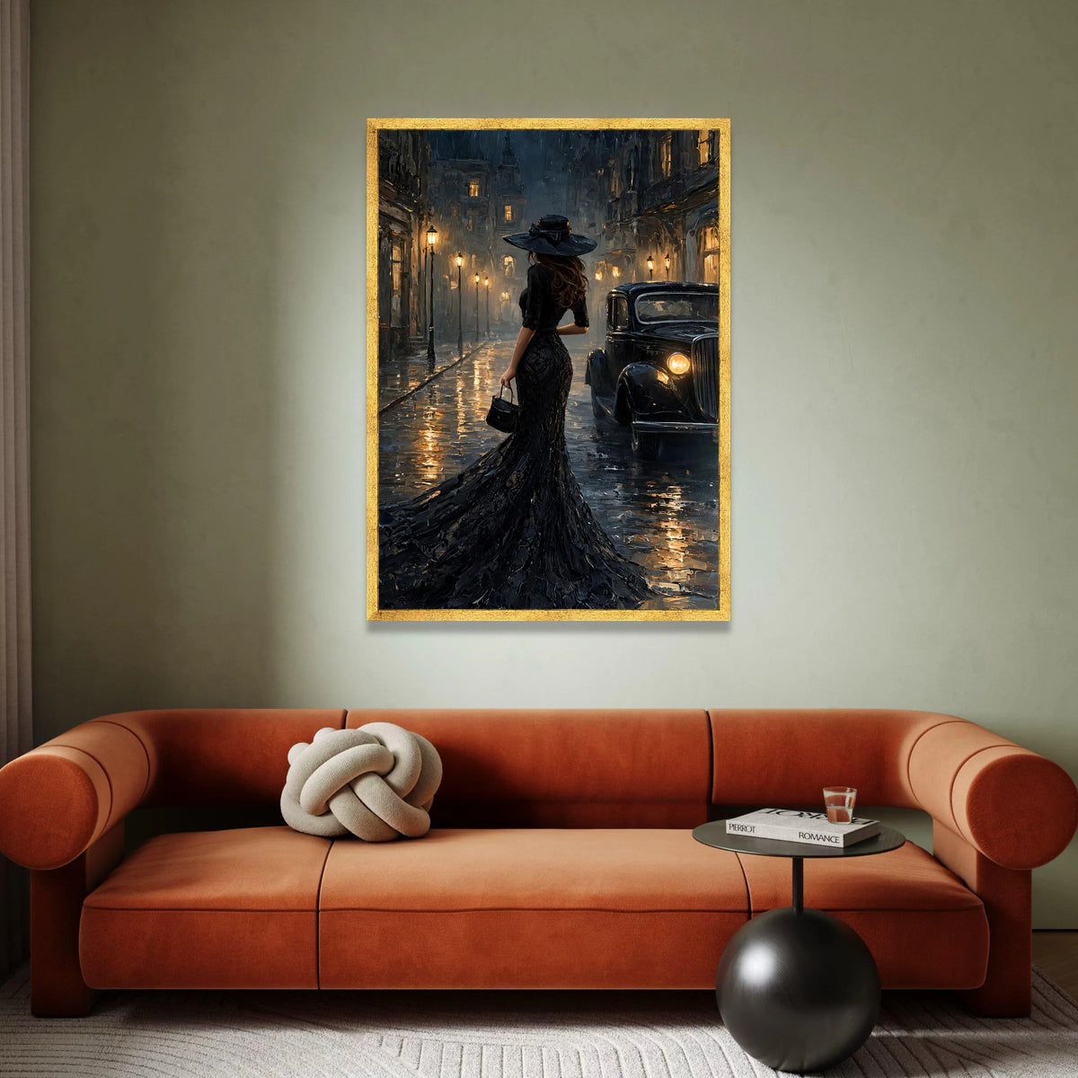 Elegant Woman Black Dress Night Scene Canvas, Vintage Car Street Art, Retro Cityscape Wall Decoration, Evening Urban Canvas Canvas Print Art