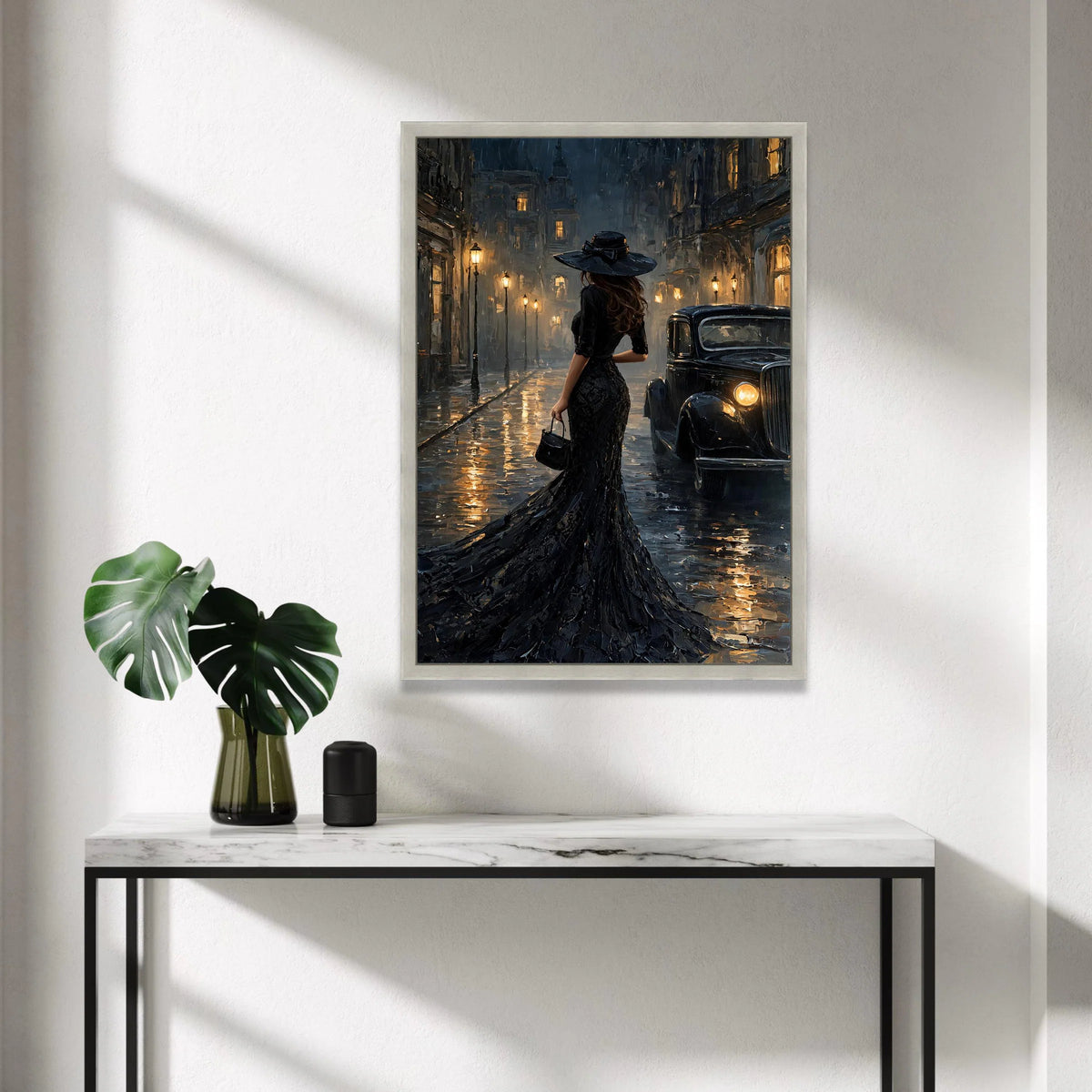 Elegant Woman Black Dress Night Scene Canvas, Vintage Car Street Art, Retro Cityscape Wall Decoration, Evening Urban Canvas Canvas Print Art