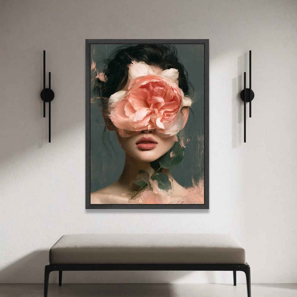 Abstract Woman Portrait Canvas, Floral Face Art, Pink Rose Painting, Modern Female Wall Art, Decorative Canvas for Home Canvas Print Art