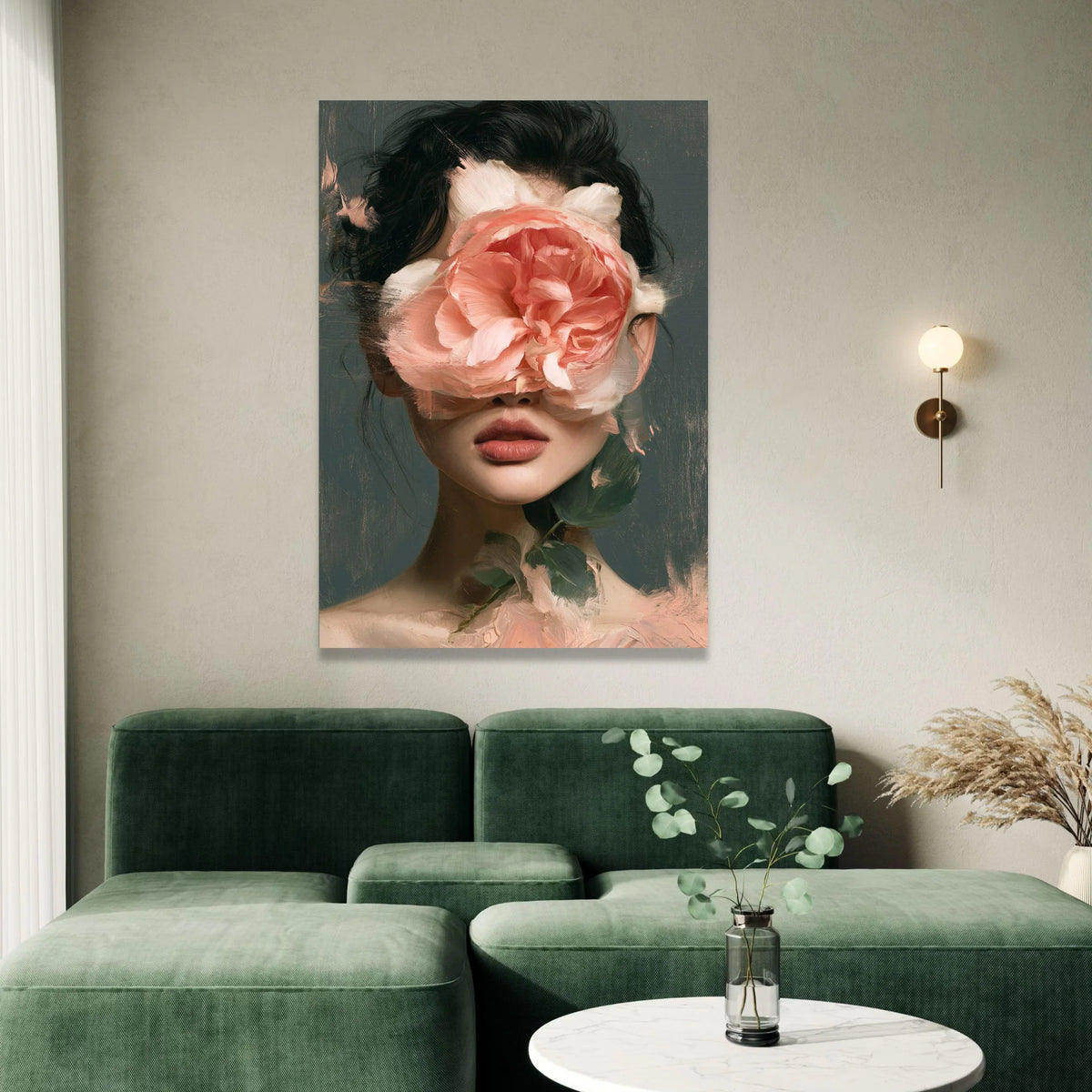 Abstract Woman Portrait Canvas, Floral Face Art, Pink Rose Painting, Modern Female Wall Art, Decorative Canvas for Home Canvas Print Art
