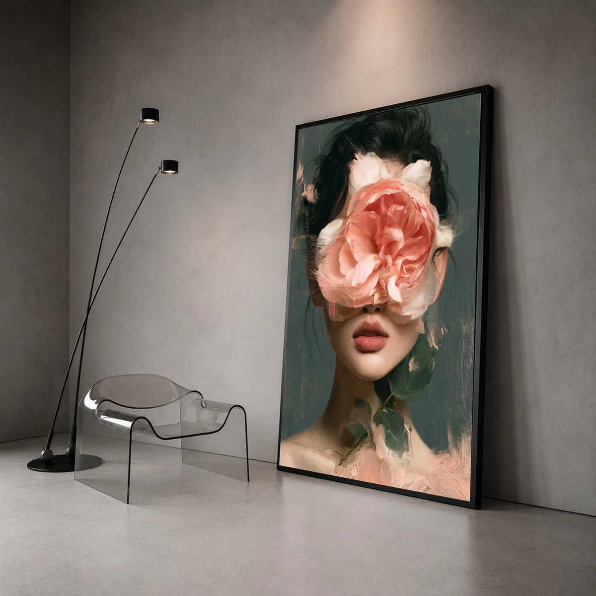 Abstract Woman Portrait Canvas, Floral Face Art, Pink Rose Painting, Modern Female Wall Art, Decorative Canvas for Home Canvas Print Art