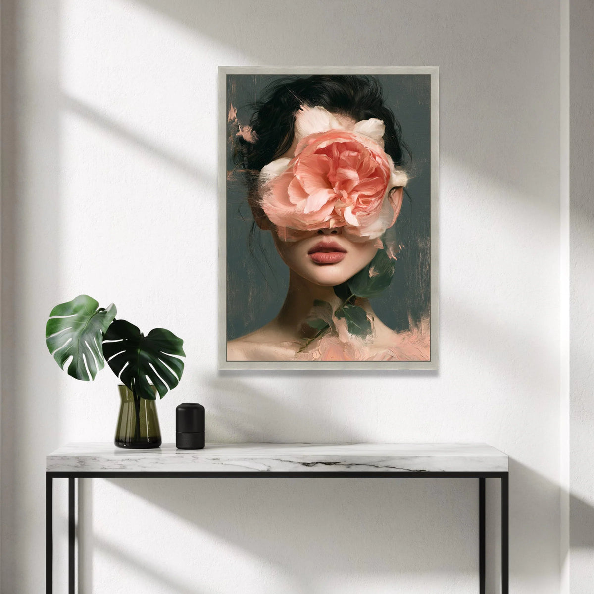 Abstract Woman Portrait Canvas, Floral Face Art, Pink Rose Painting, Modern Female Wall Art, Decorative Canvas for Home Canvas Print Art