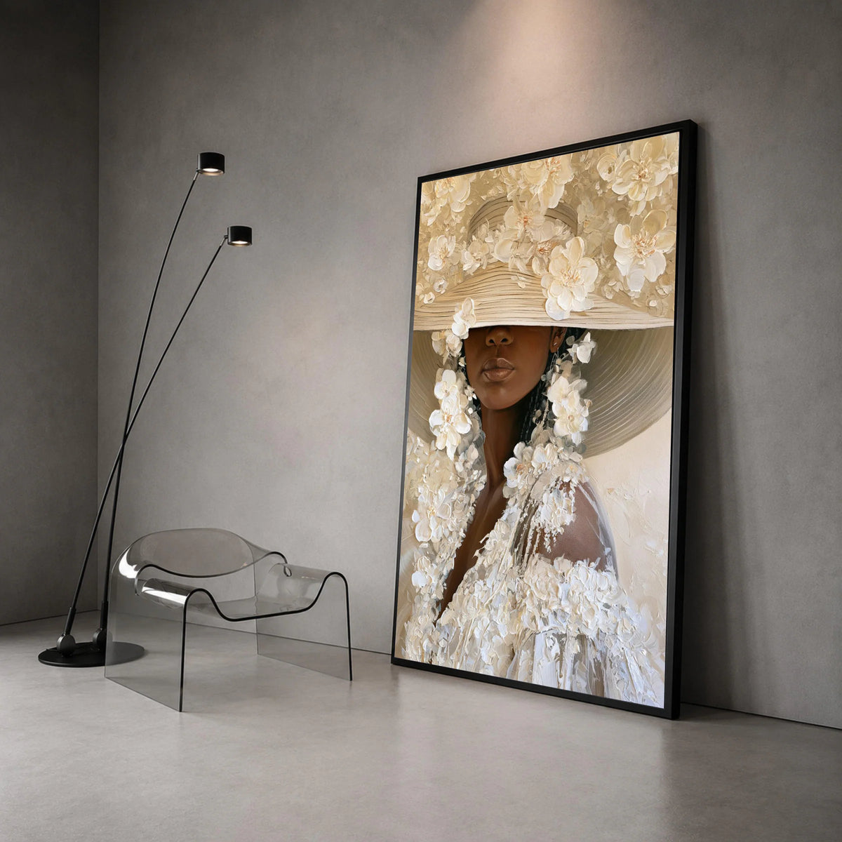 Elegant Woman Floral Hat Canvas, Modern Portrait Wall Art, Neutral Tones Canvas, Feminine Home Decoration, Ready to Hang Canvas Print Art