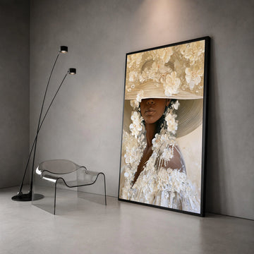 Elegant Woman Floral Hat Canvas, Modern Portrait Wall Art, Neutral Tones Canvas, Feminine Home Decoration, Ready to Hang Canvas Print Art