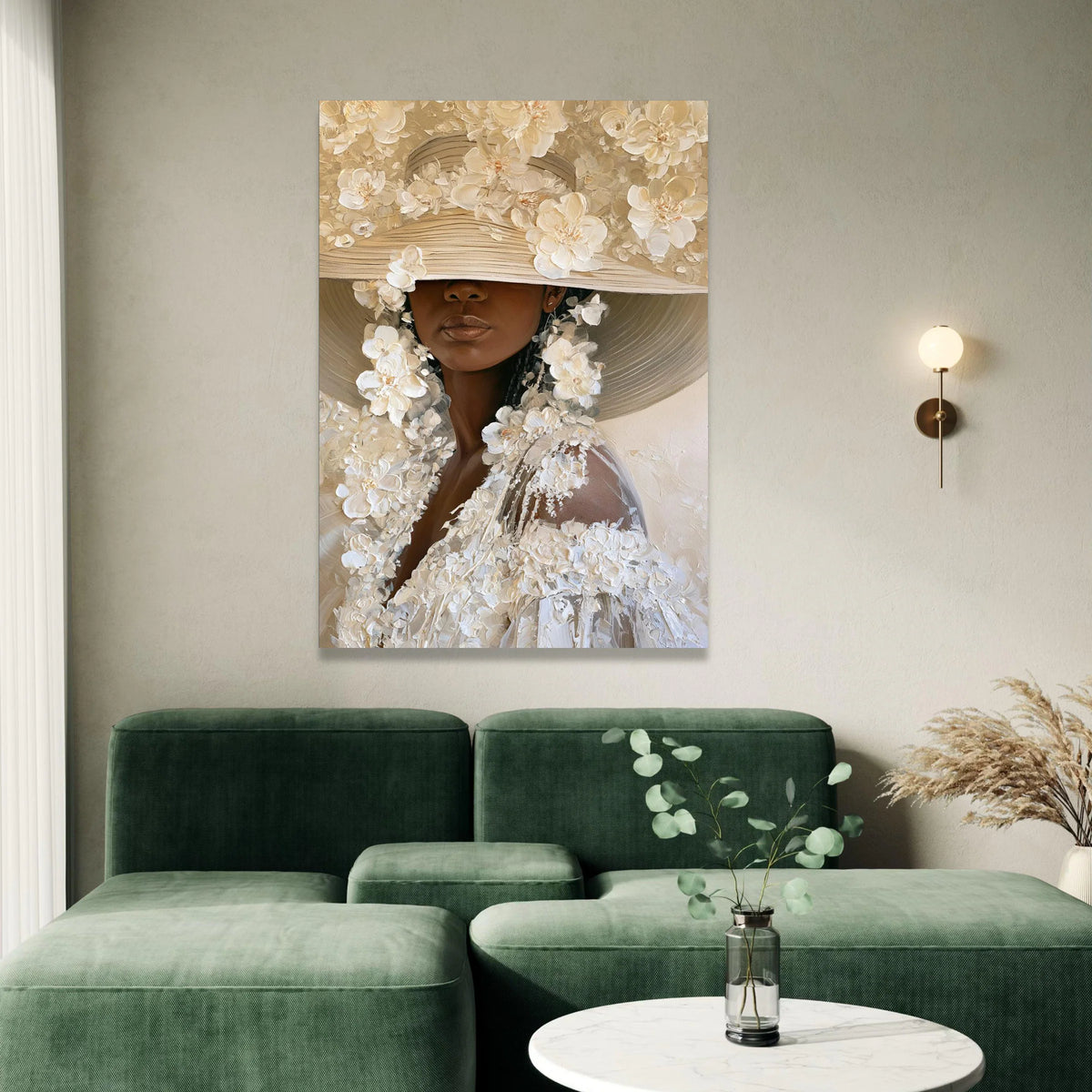 Elegant Woman Floral Hat Canvas, Modern Portrait Wall Art, Neutral Tones Canvas, Feminine Home Decoration, Ready to Hang Canvas Print Art