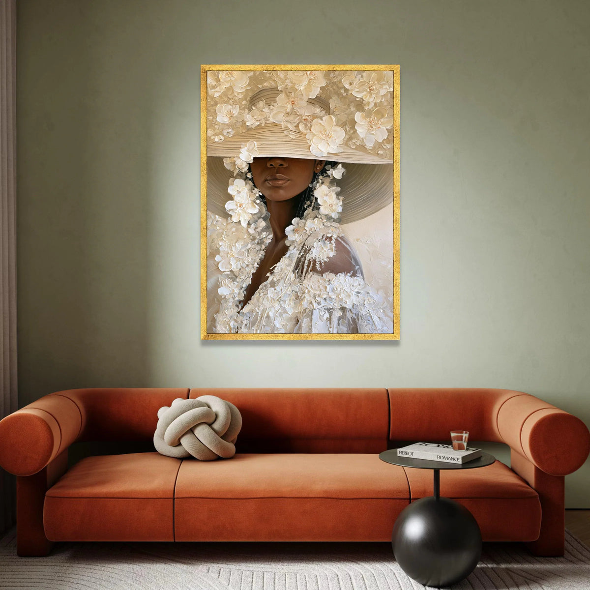 Elegant Woman Floral Hat Canvas, Modern Portrait Wall Art, Neutral Tones Canvas, Feminine Home Decoration, Ready to Hang Canvas Print Art