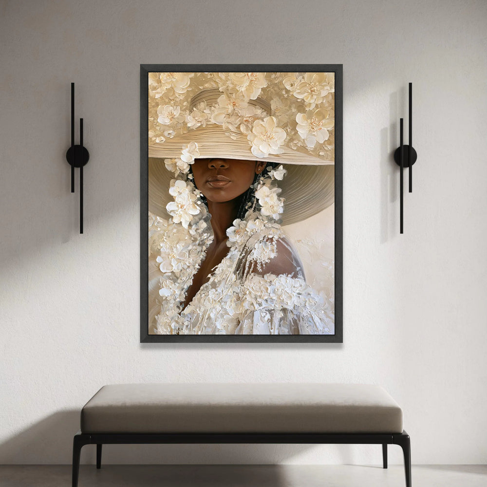 Elegant Woman Floral Hat Canvas, Modern Portrait Wall Art, Neutral Tones Canvas, Feminine Home Decoration, Ready to Hang Canvas Print Art