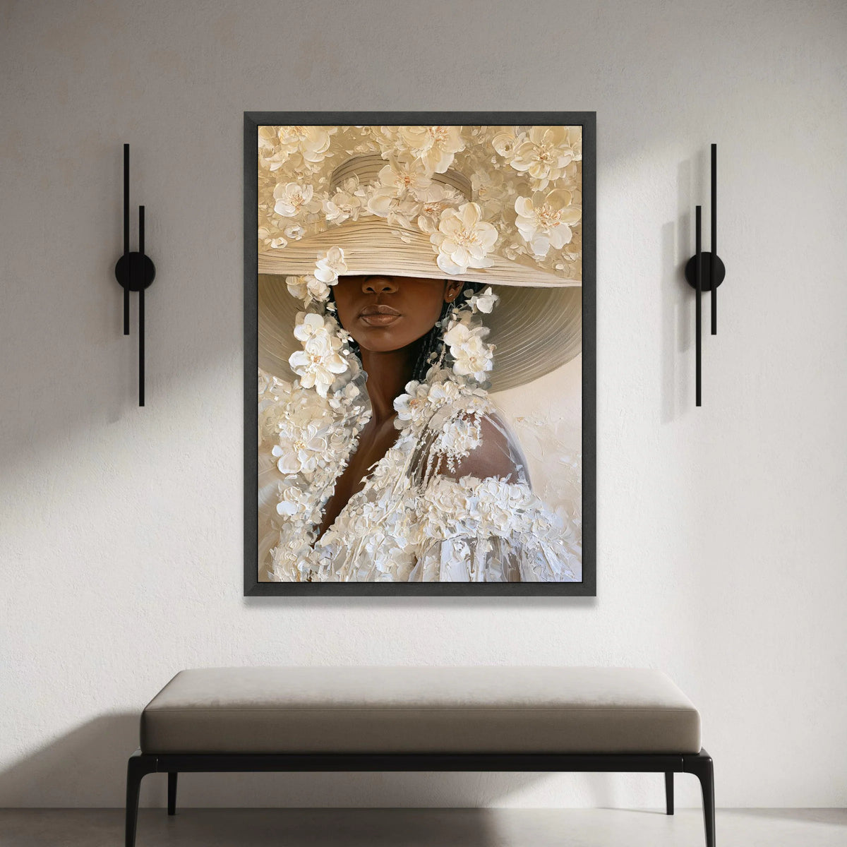 Elegant Woman Floral Hat Canvas, Modern Portrait Wall Art, Neutral Tones Canvas, Feminine Home Decoration, Ready to Hang Canvas Print Art