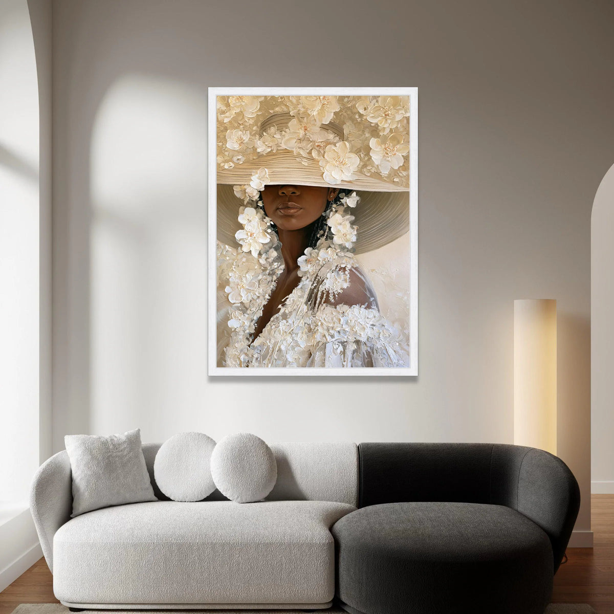 Elegant Woman Floral Hat Canvas, Modern Portrait Wall Art, Neutral Tones Canvas, Feminine Home Decoration, Ready to Hang Canvas Print Art