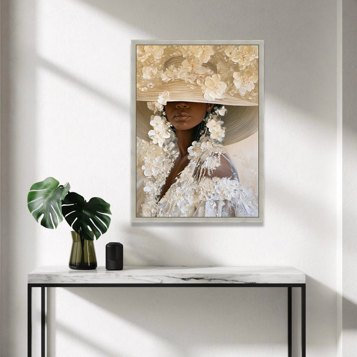 Elegant Woman Floral Hat Canvas, Modern Portrait Wall Art, Neutral Tones Canvas, Feminine Home Decoration, Ready to Hang Canvas Print Art