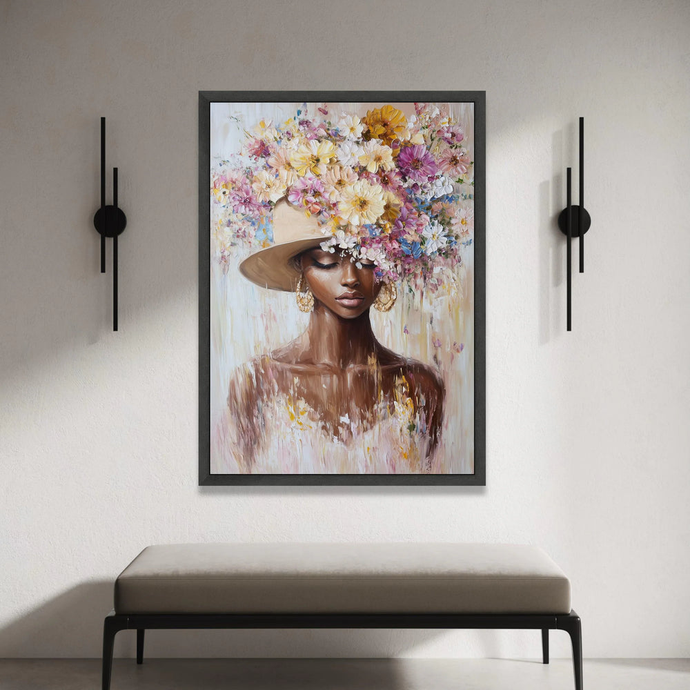 Elegant Woman Portrait with Floral Hat Canvas, Feminine Wall Art, Fashion Illustration Print, Home Decor Canvas, Flower Canvas Print Art