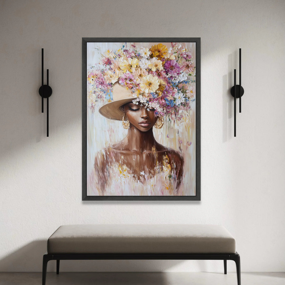 Elegant Woman Portrait with Floral Hat Canvas, Feminine Wall Art, Fashion Illustration Print, Home Decor Canvas, Flower Canvas Print Art