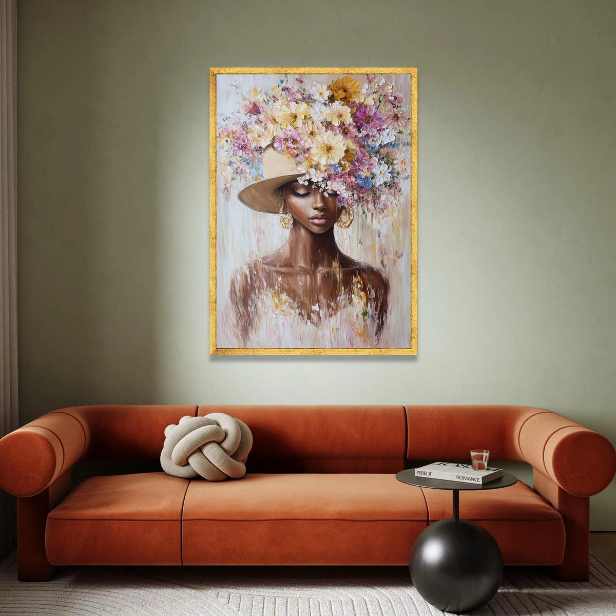 Elegant Woman Portrait with Floral Hat Canvas, Feminine Wall Art, Fashion Illustration Print, Home Decor Canvas, Flower Canvas Print Art