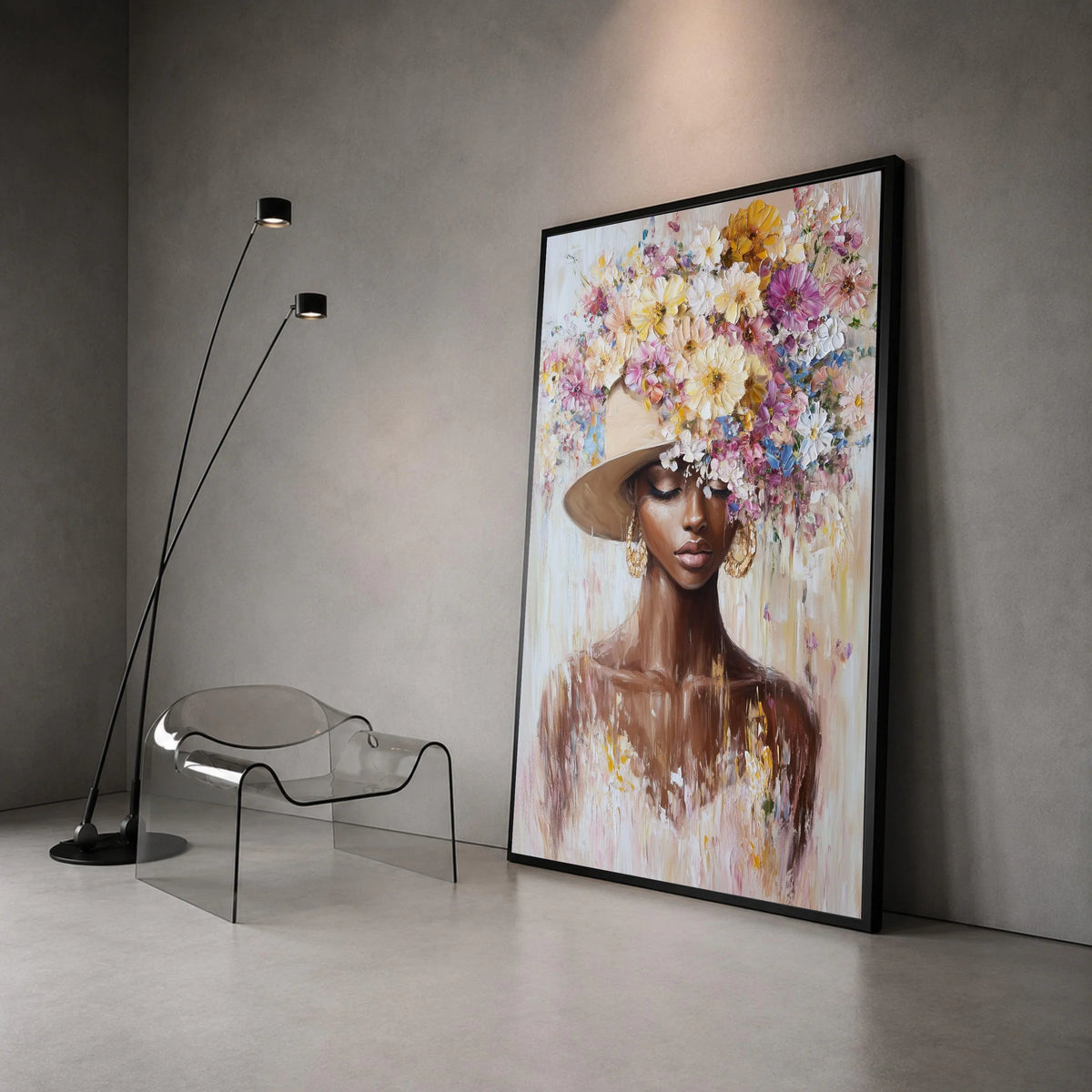 Elegant Woman Portrait with Floral Hat Canvas, Feminine Wall Art, Fashion Illustration Print, Home Decor Canvas, Flower Canvas Print Art