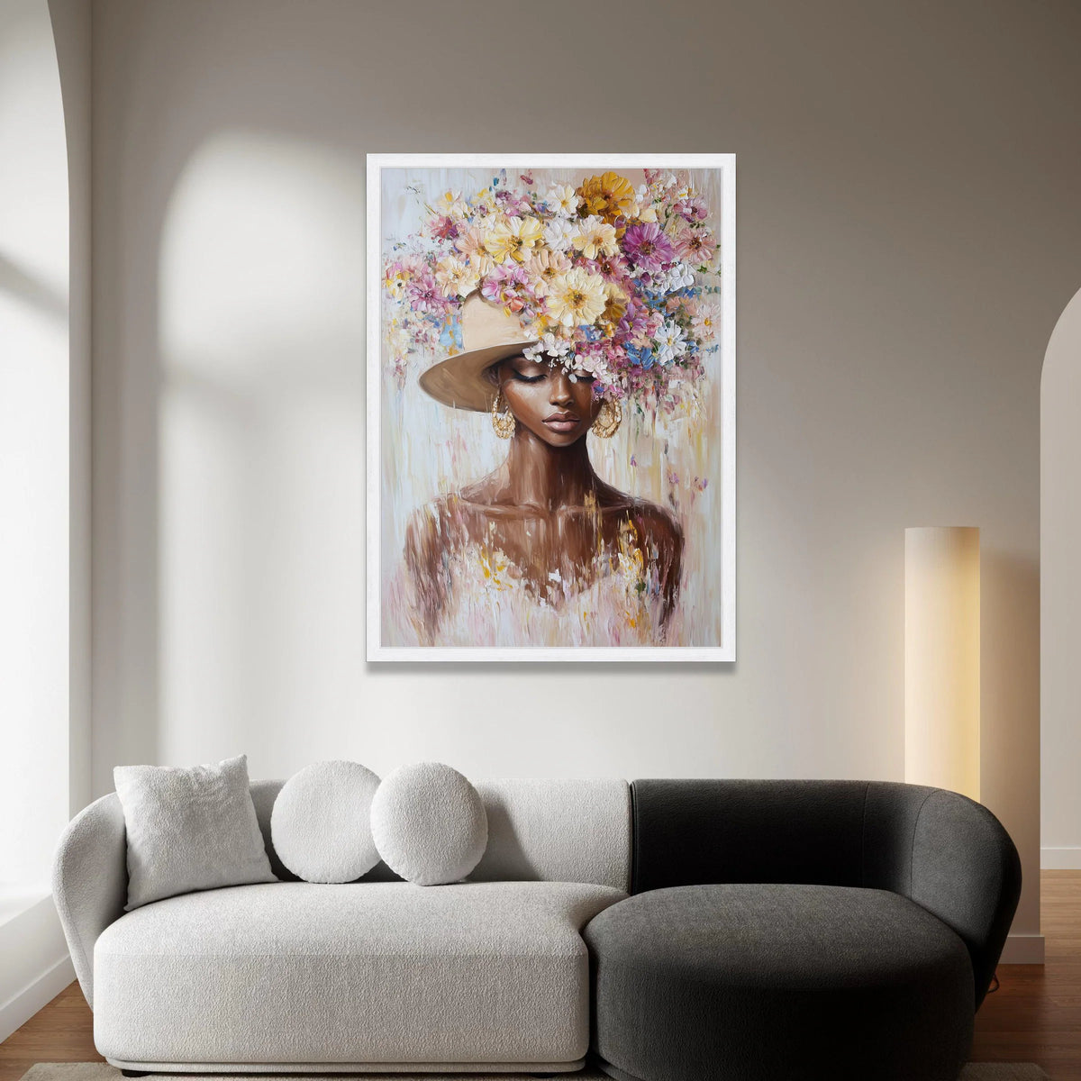 Elegant Woman Portrait with Floral Hat Canvas, Feminine Wall Art, Fashion Illustration Print, Home Decor Canvas, Flower Canvas Print Art