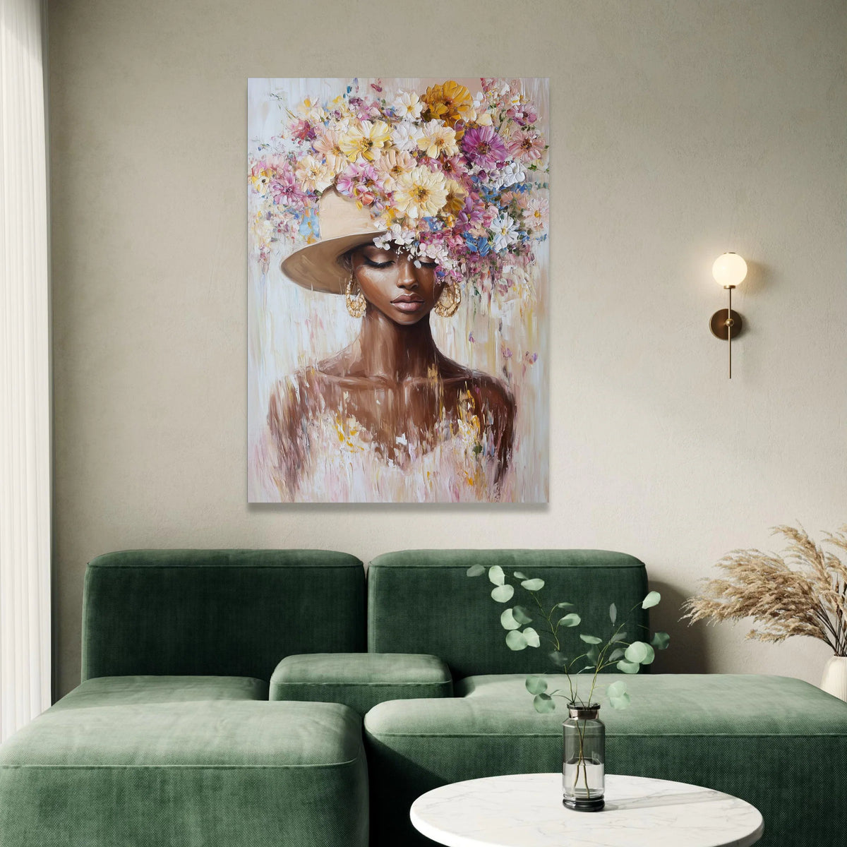 Elegant Woman Portrait with Floral Hat Canvas, Feminine Wall Art, Fashion Illustration Print, Home Decor Canvas, Flower Canvas Print Art