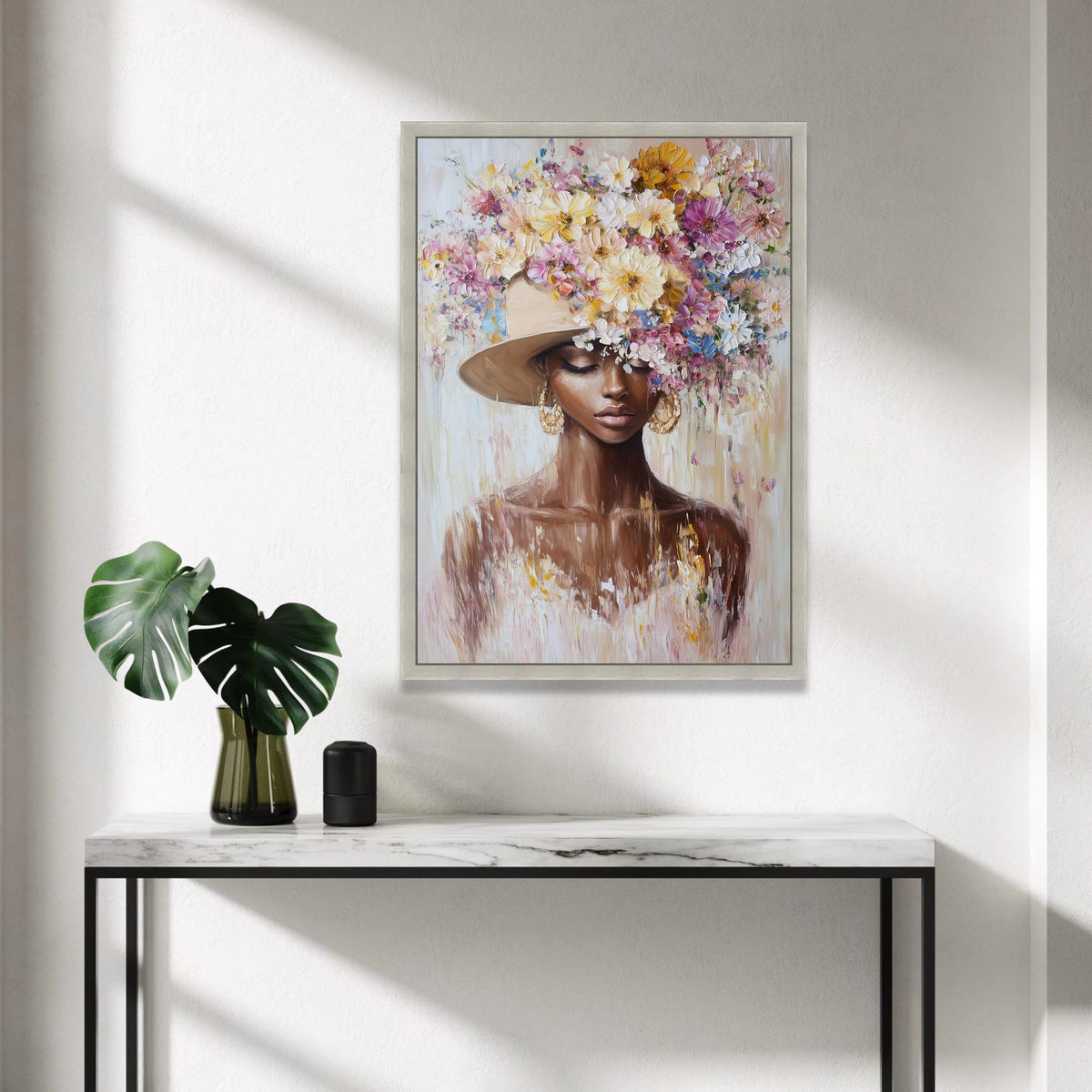 Elegant Woman Portrait with Floral Hat Canvas, Feminine Wall Art, Fashion Illustration Print, Home Decor Canvas, Flower Canvas Print Art