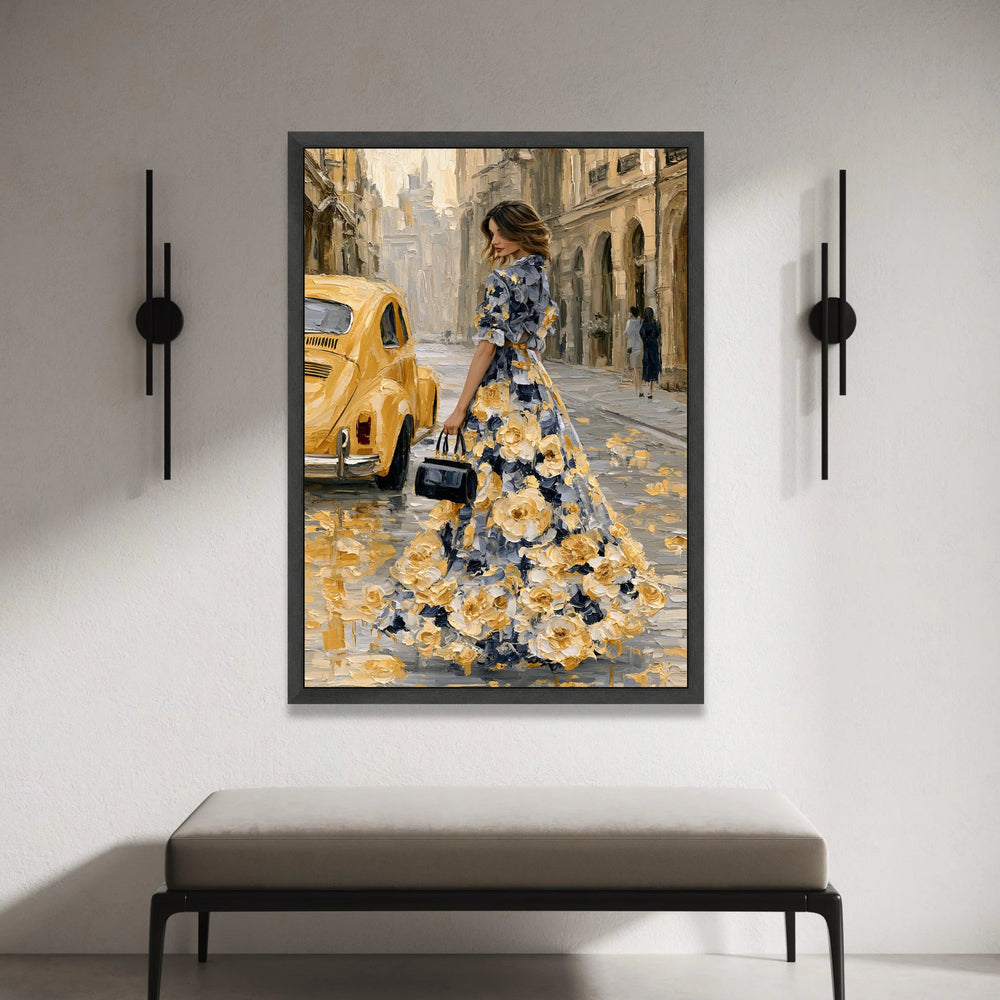 Elegant Woman Floral Dress Canvas, Vintage Yellow Car Street Scene, Romantic Cityscape Wall Art, Fashion Art Print, Home Canvas Print Art