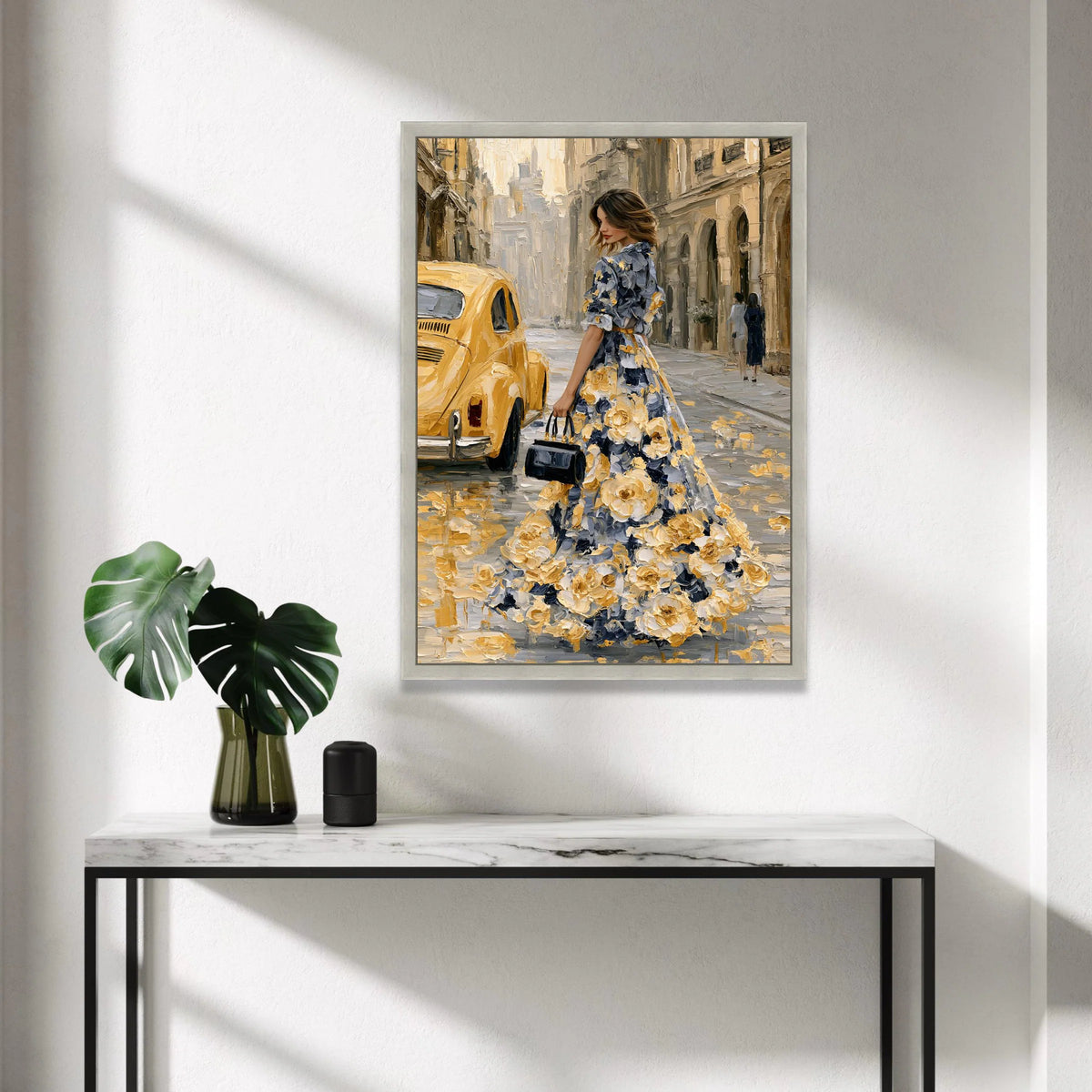 Elegant Woman Floral Dress Canvas, Vintage Yellow Car Street Scene, Romantic Cityscape Wall Art, Fashion Art Print, Home Canvas Print Art
