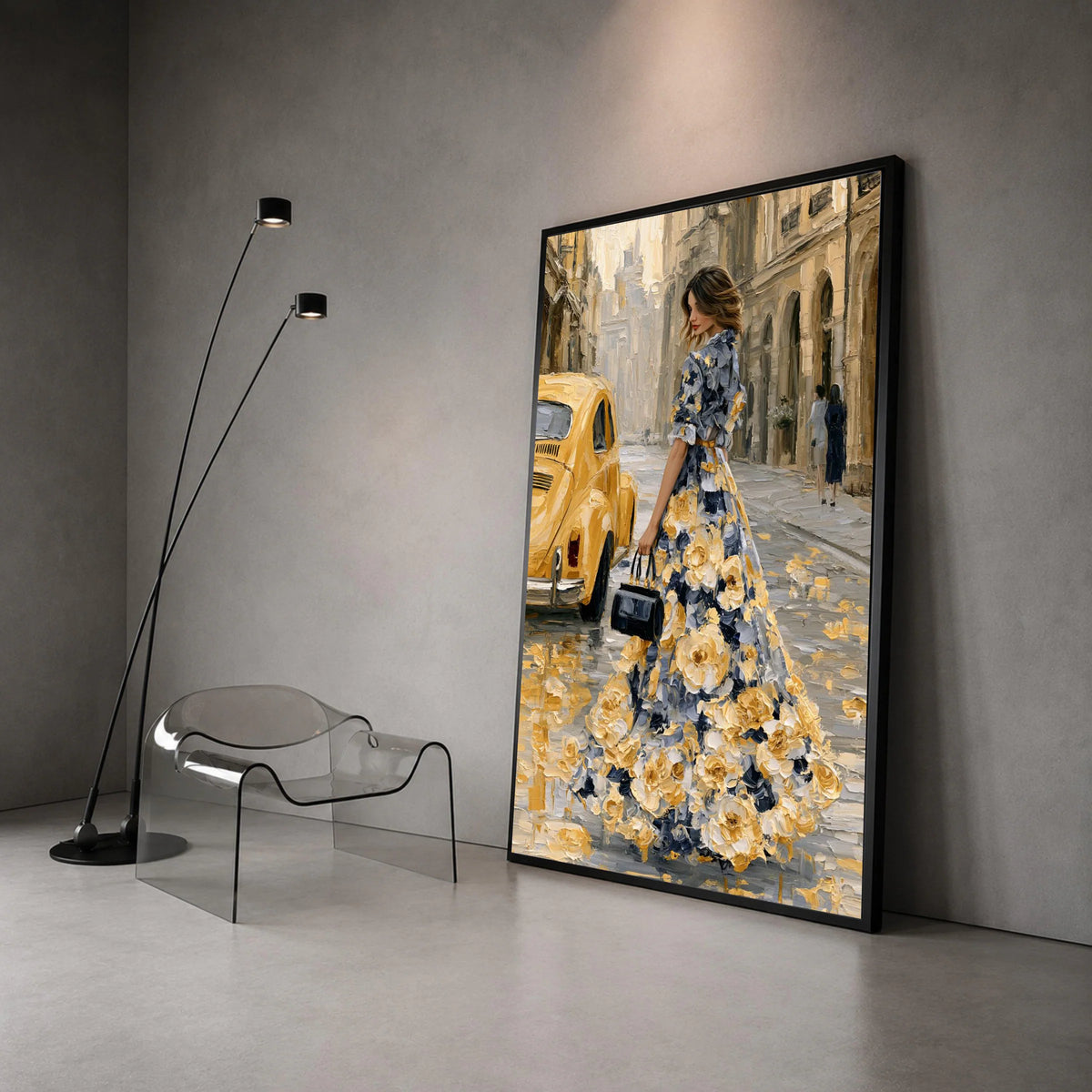 Elegant Woman Floral Dress Canvas, Vintage Yellow Car Street Scene, Romantic Cityscape Wall Art, Fashion Art Print, Home Canvas Print Art