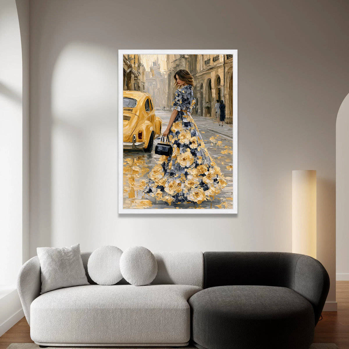 Elegant Woman Floral Dress Canvas, Vintage Yellow Car Street Scene, Romantic Cityscape Wall Art, Fashion Art Print, Home Canvas Print Art