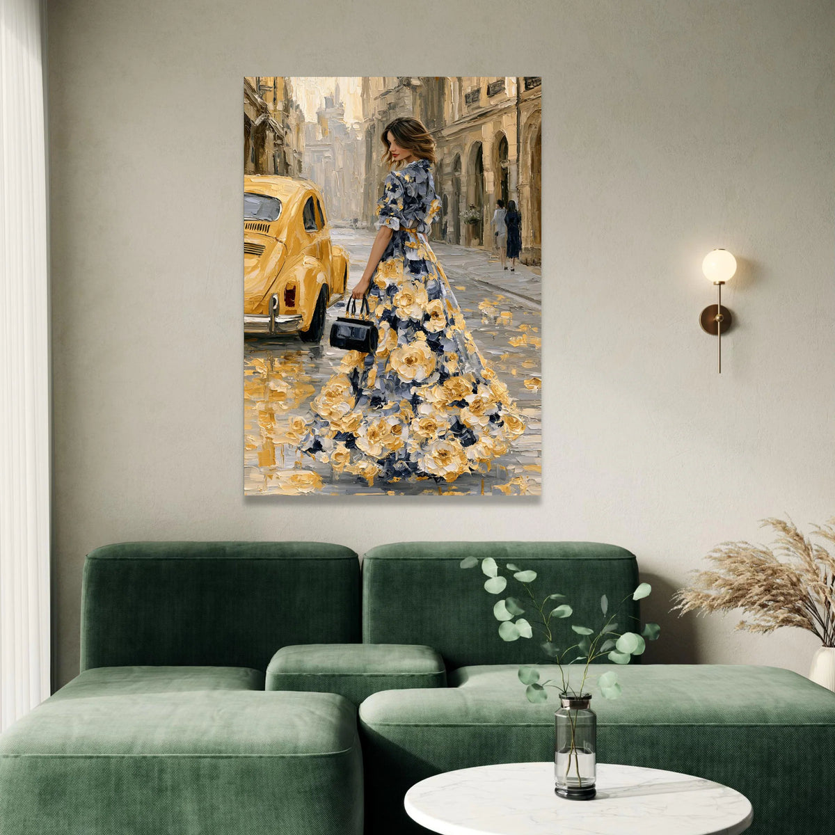 Elegant Woman Floral Dress Canvas, Vintage Yellow Car Street Scene, Romantic Cityscape Wall Art, Fashion Art Print, Home Canvas Print Art