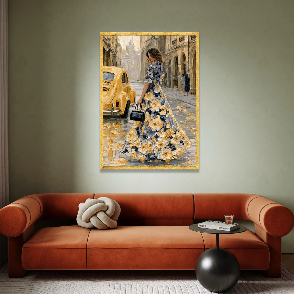 Elegant Woman Floral Dress Canvas, Vintage Yellow Car Street Scene, Romantic Cityscape Wall Art, Fashion Art Print, Home Canvas Print Art