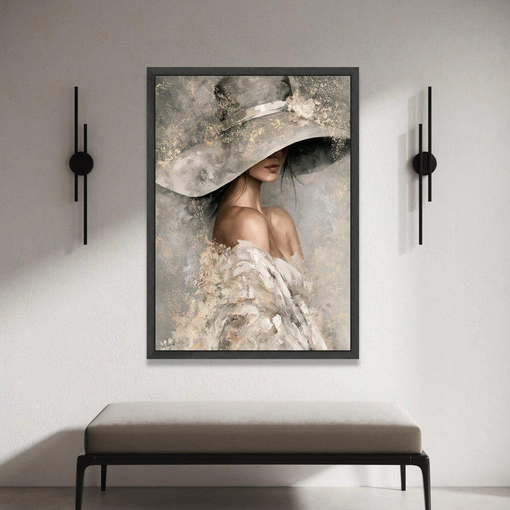 Elegant Woman Wide Brim Hat Canvas, Feminine Portrait Wall Art, Soft Neutral Tones Painting, Chic Home Decoration, Modern Canvas Print Art