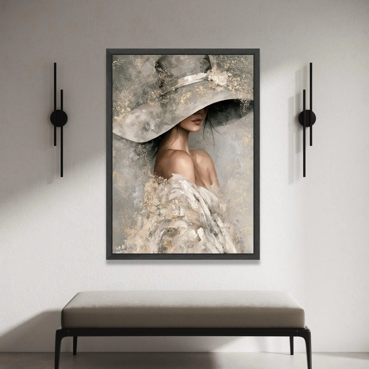 Elegant Woman Wide Brim Hat Canvas, Feminine Portrait Wall Art, Soft Neutral Tones Painting, Chic Home Decoration, Modern Canvas Print Art