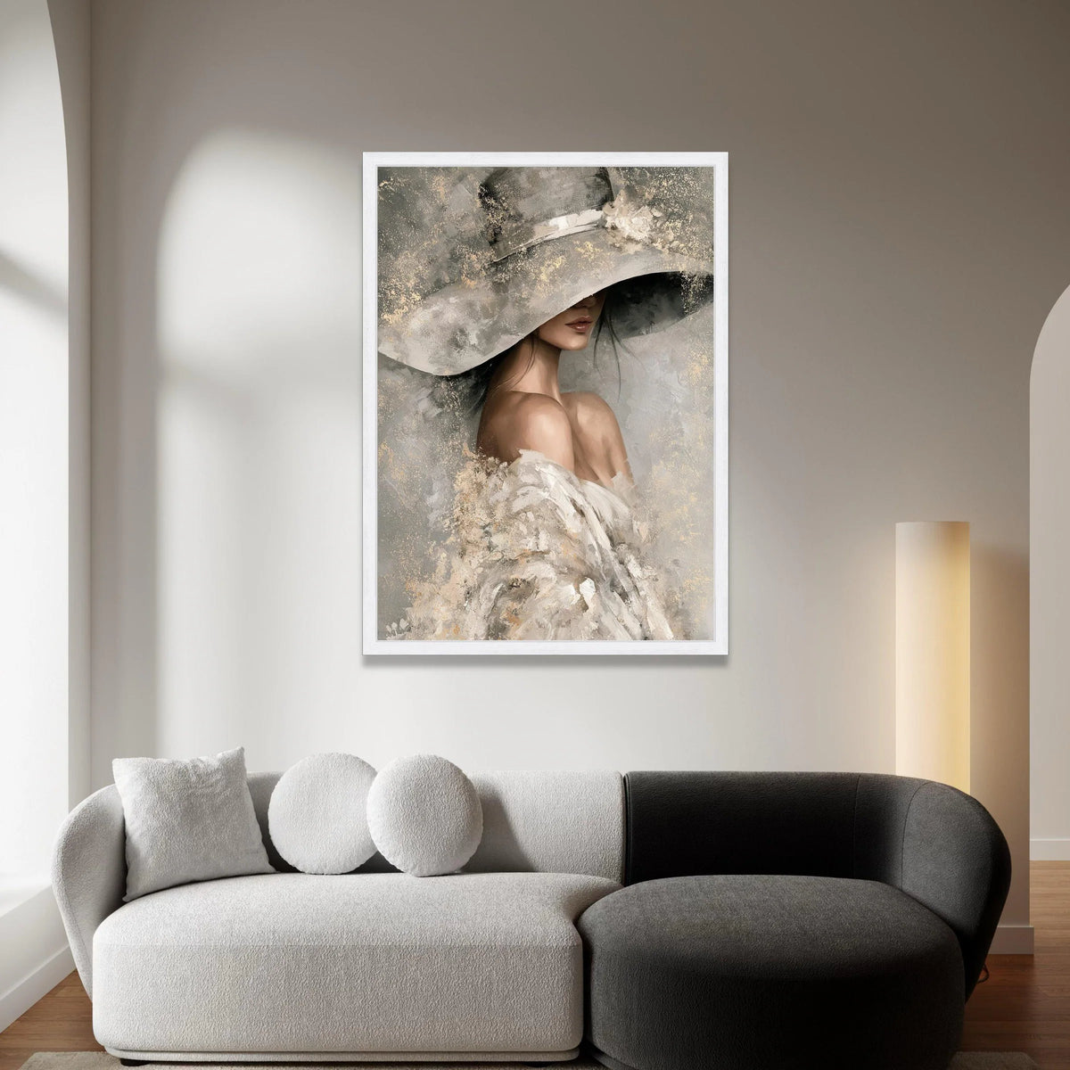 Elegant Woman Wide Brim Hat Canvas, Feminine Portrait Wall Art, Soft Neutral Tones Painting, Chic Home Decoration, Modern Canvas Print Art