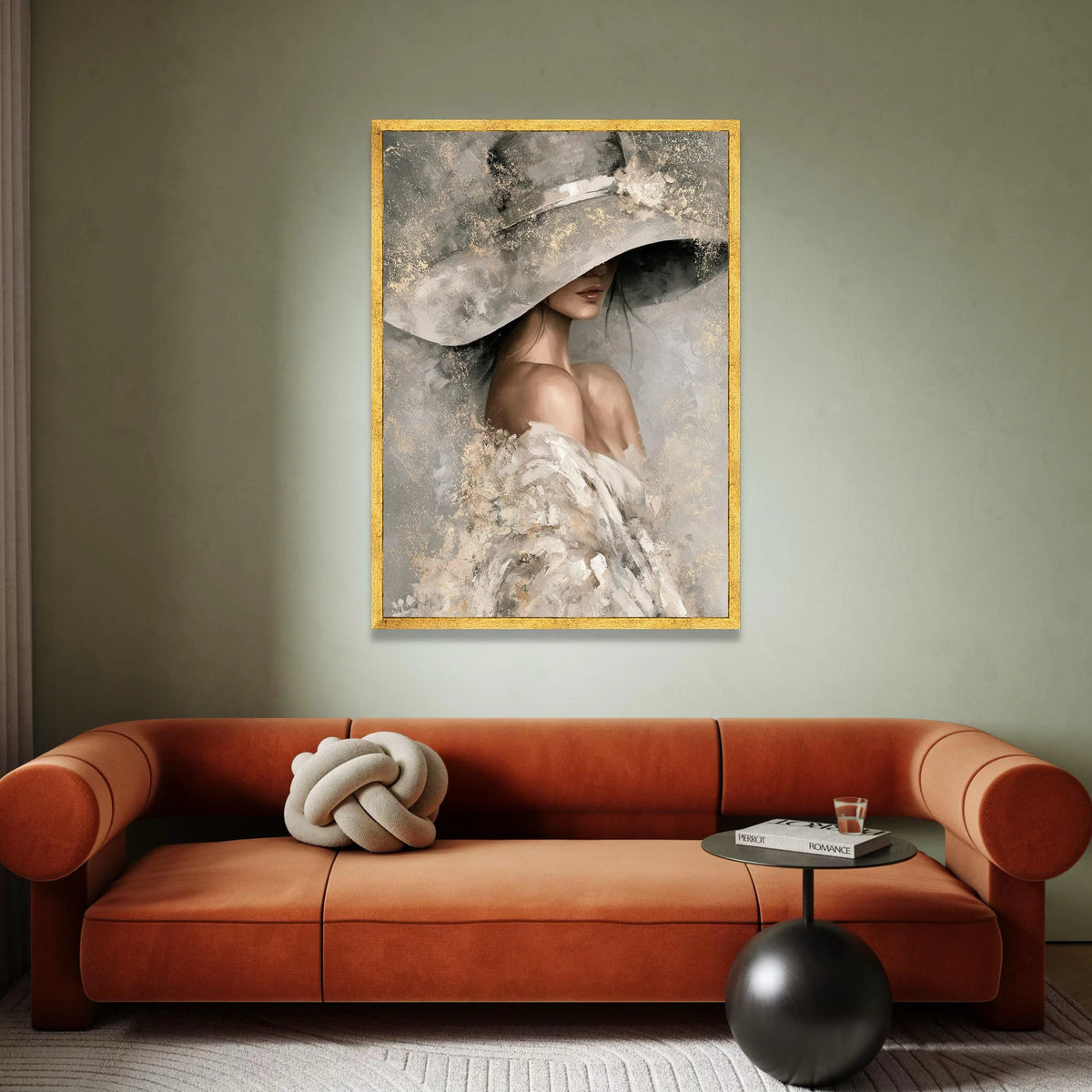 Elegant Woman Wide Brim Hat Canvas, Feminine Portrait Wall Art, Soft Neutral Tones Painting, Chic Home Decoration, Modern Canvas Print Art
