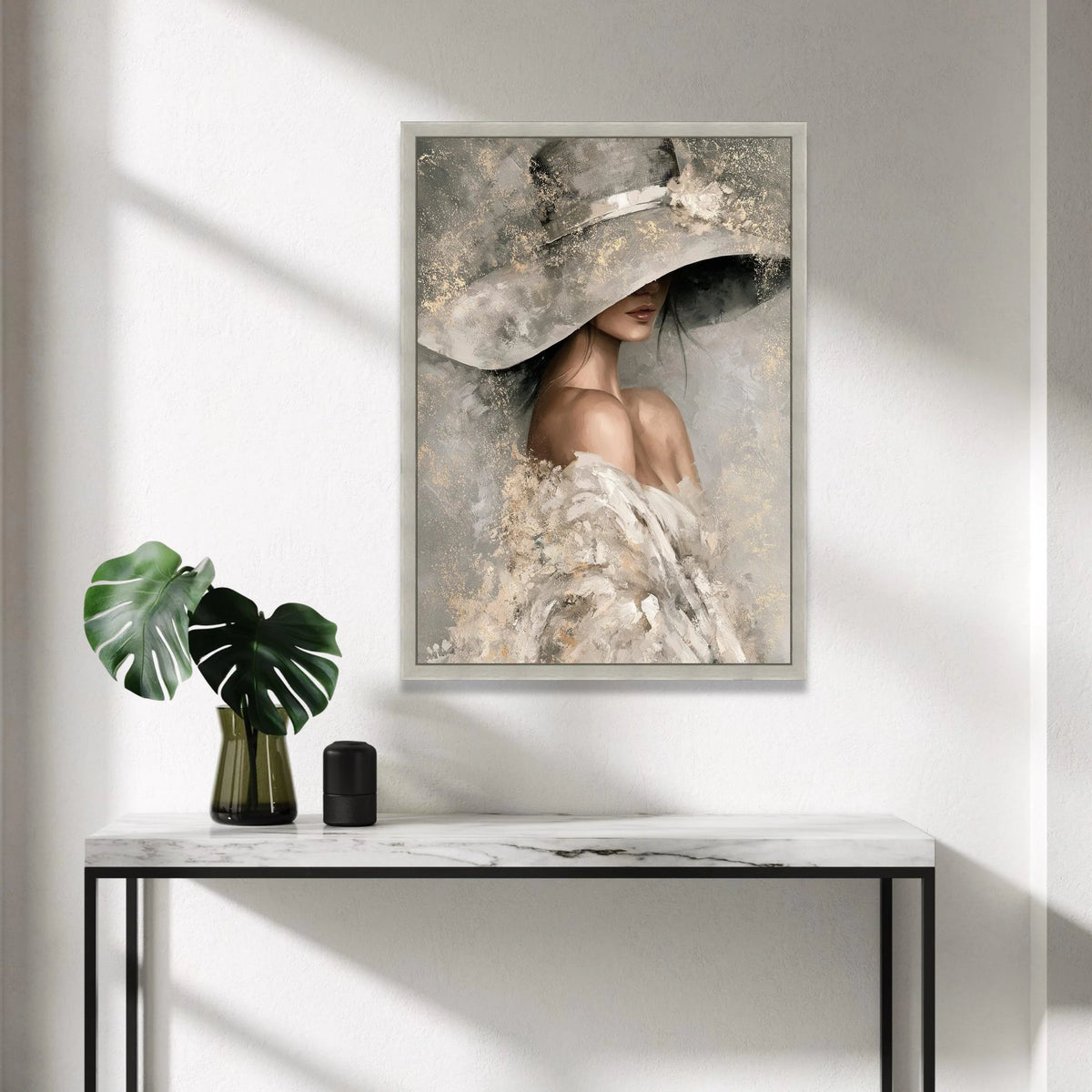 Elegant Woman Wide Brim Hat Canvas, Feminine Portrait Wall Art, Soft Neutral Tones Painting, Chic Home Decoration, Modern Canvas Print Art