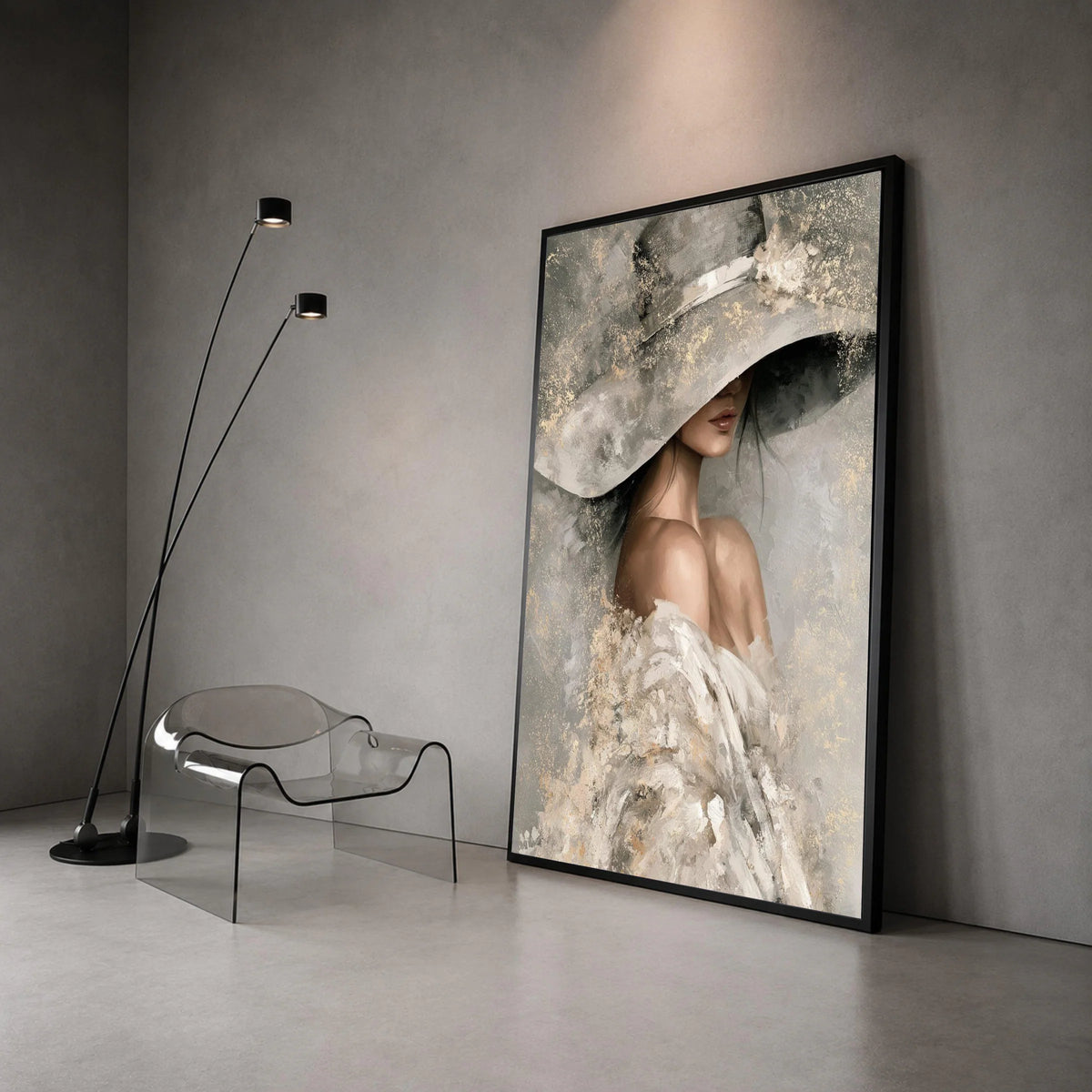 Elegant Woman Wide Brim Hat Canvas, Feminine Portrait Wall Art, Soft Neutral Tones Painting, Chic Home Decoration, Modern Canvas Print Art