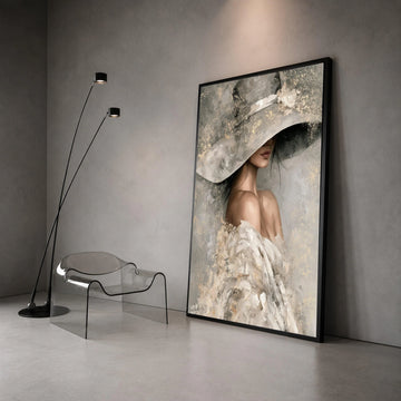 Elegant Woman Wide Brim Hat Canvas, Feminine Portrait Wall Art, Soft Neutral Tones Painting, Chic Home Decoration, Modern Canvas Print Art