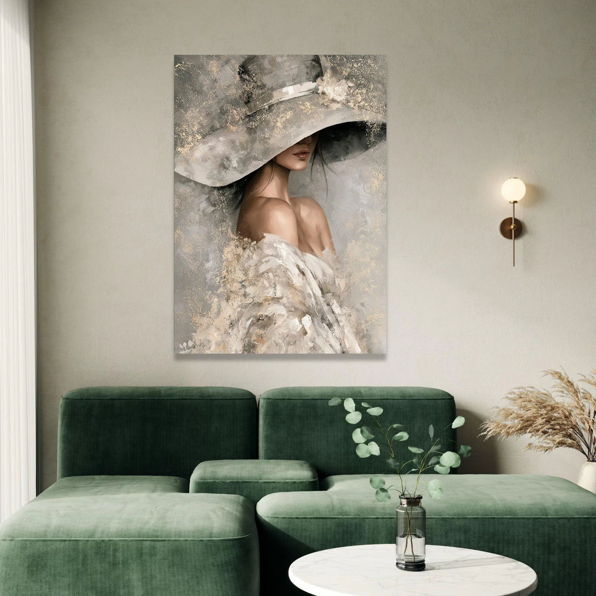 Elegant Woman Wide Brim Hat Canvas, Feminine Portrait Wall Art, Soft Neutral Tones Painting, Chic Home Decoration, Modern Canvas Print Art