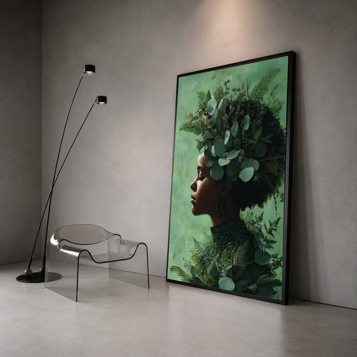 Serene Profile Portrait with Greenery Crown Canvas, Botanical Woman Wall Art, Nature Canvas, Feminine Home Decor, Peaceful Canvas Print Art